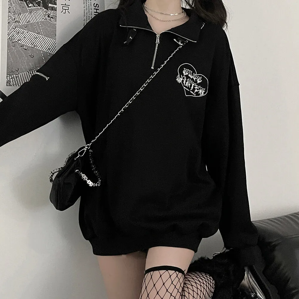 Black Oversized Embroidery Half Zip Sweatshirt Long Sleeve