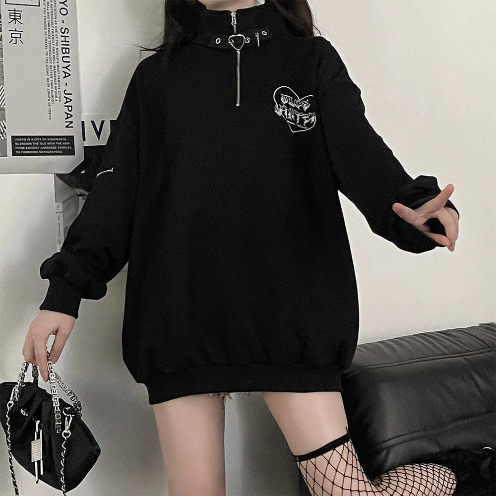 Black Oversized Embroidery Half Zip Sweatshirt Long Sleeve