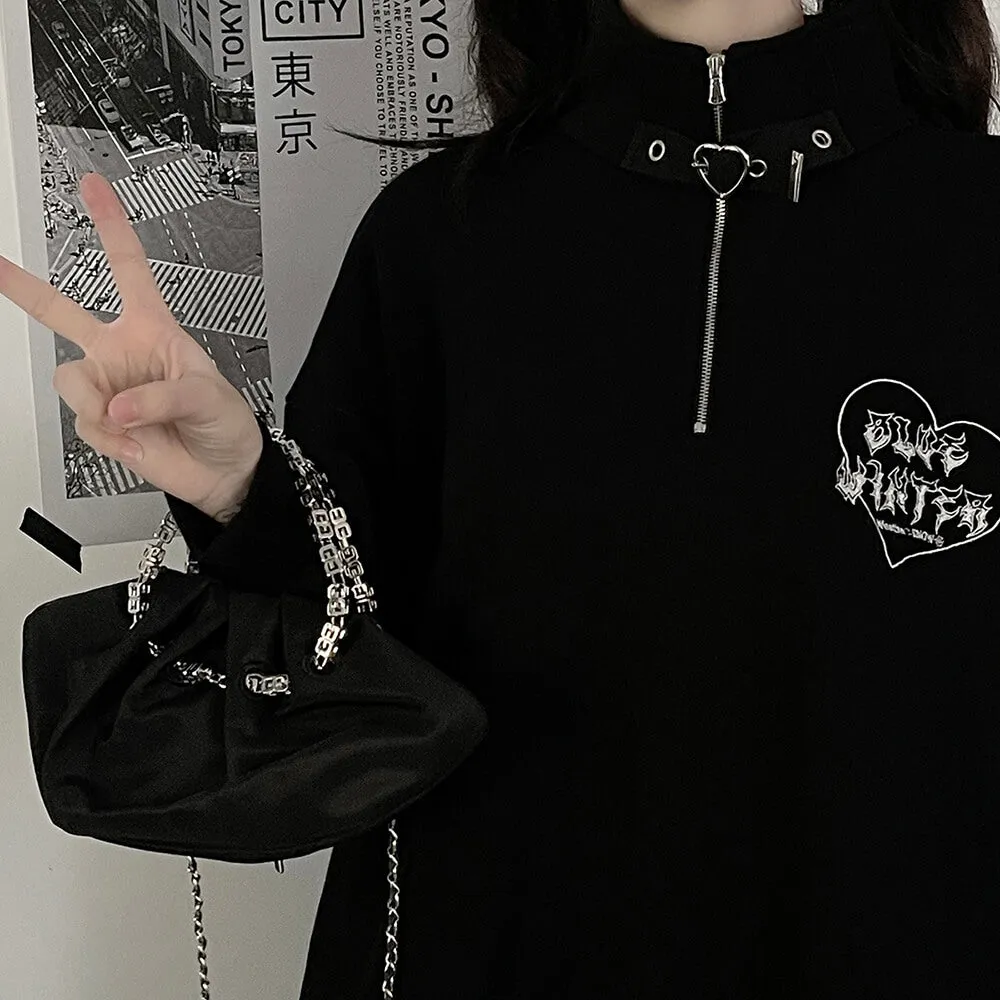 Black Oversized Embroidery Half Zip Sweatshirt Long Sleeve
