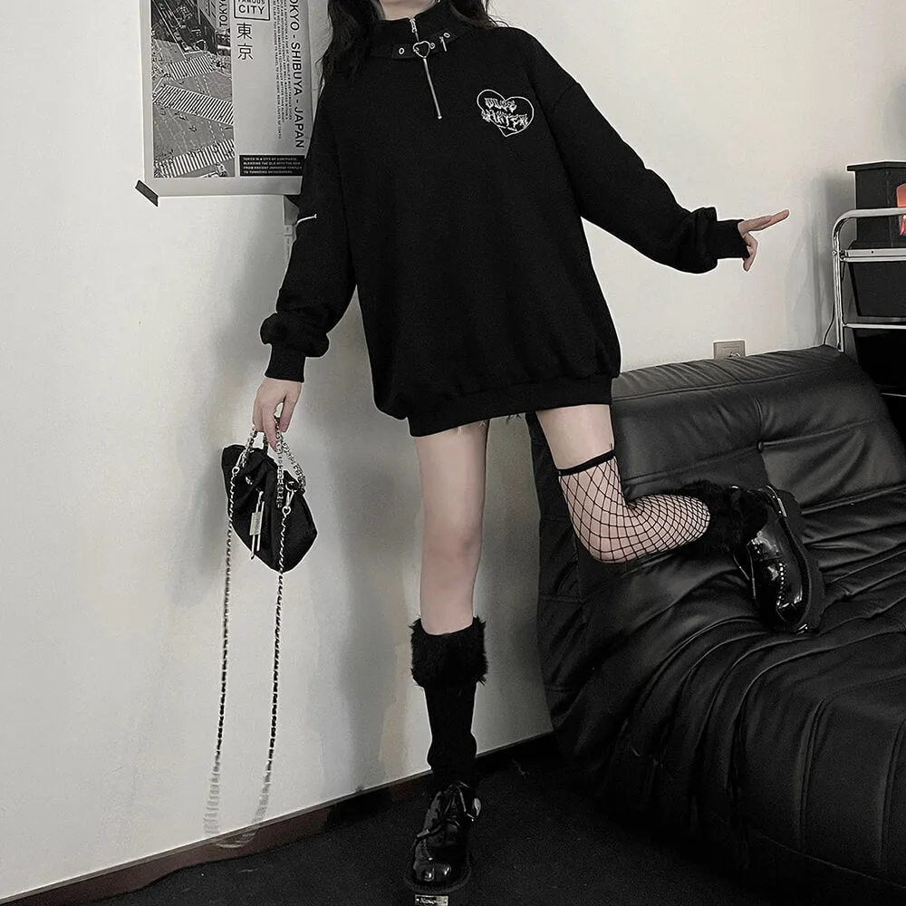 Black Oversized Embroidery Half Zip Sweatshirt Long Sleeve