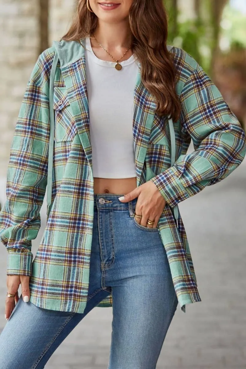 FALL CASUAL LONG-SLEEVED HOODED PLAID SHIRT TOP