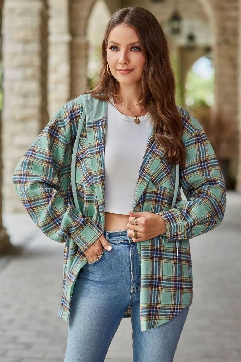 FALL CASUAL LONG-SLEEVED HOODED PLAID SHIRT TOP
