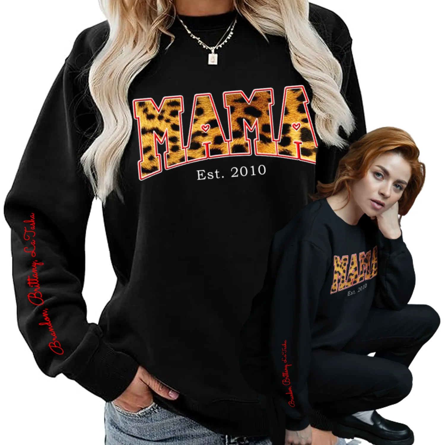 Personalized Mama Est cheetah print t shirt with Kid Names on Sleeve, Christmas Gifts, Birthday Gift for Mom, New Mom Gift, Mothers Day Gift