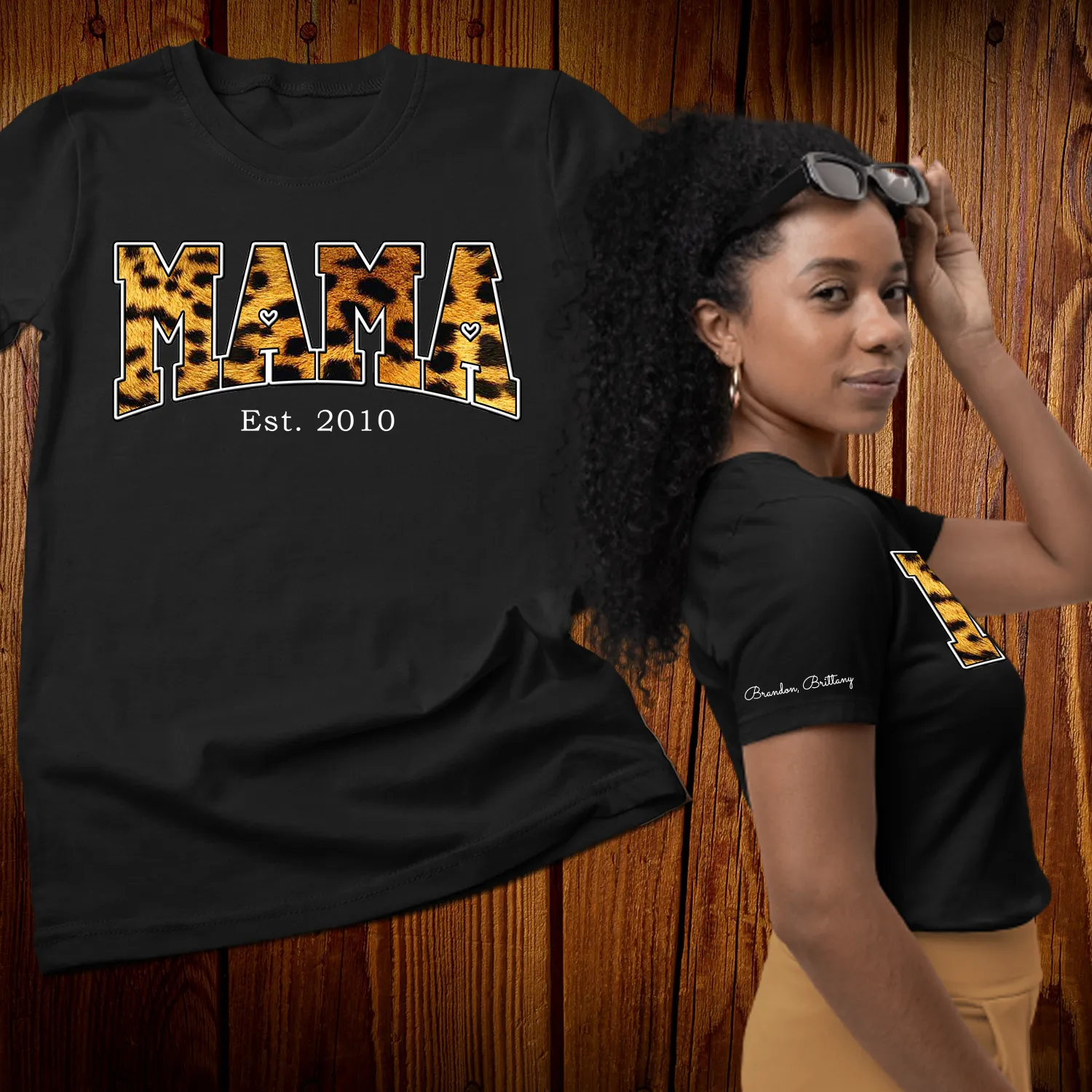 Personalized Mama Est cheetah print t shirt with Kid Names on Sleeve, Christmas Gifts, Birthday Gift for Mom, New Mom Gift, Mothers Day Gift