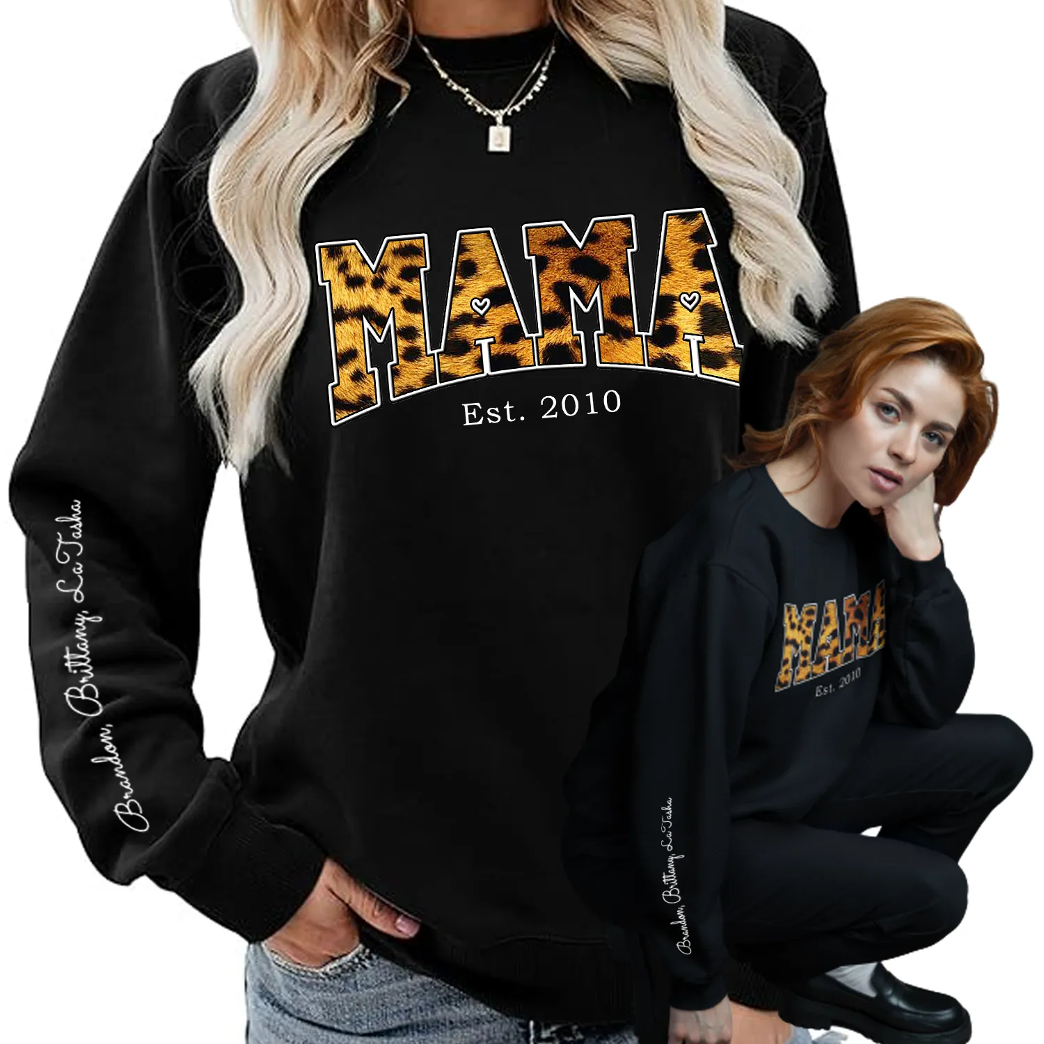 Personalized Mama Est cheetah print t shirt with Kid Names on Sleeve, Christmas Gifts, Birthday Gift for Mom, New Mom Gift, Mothers Day Gift