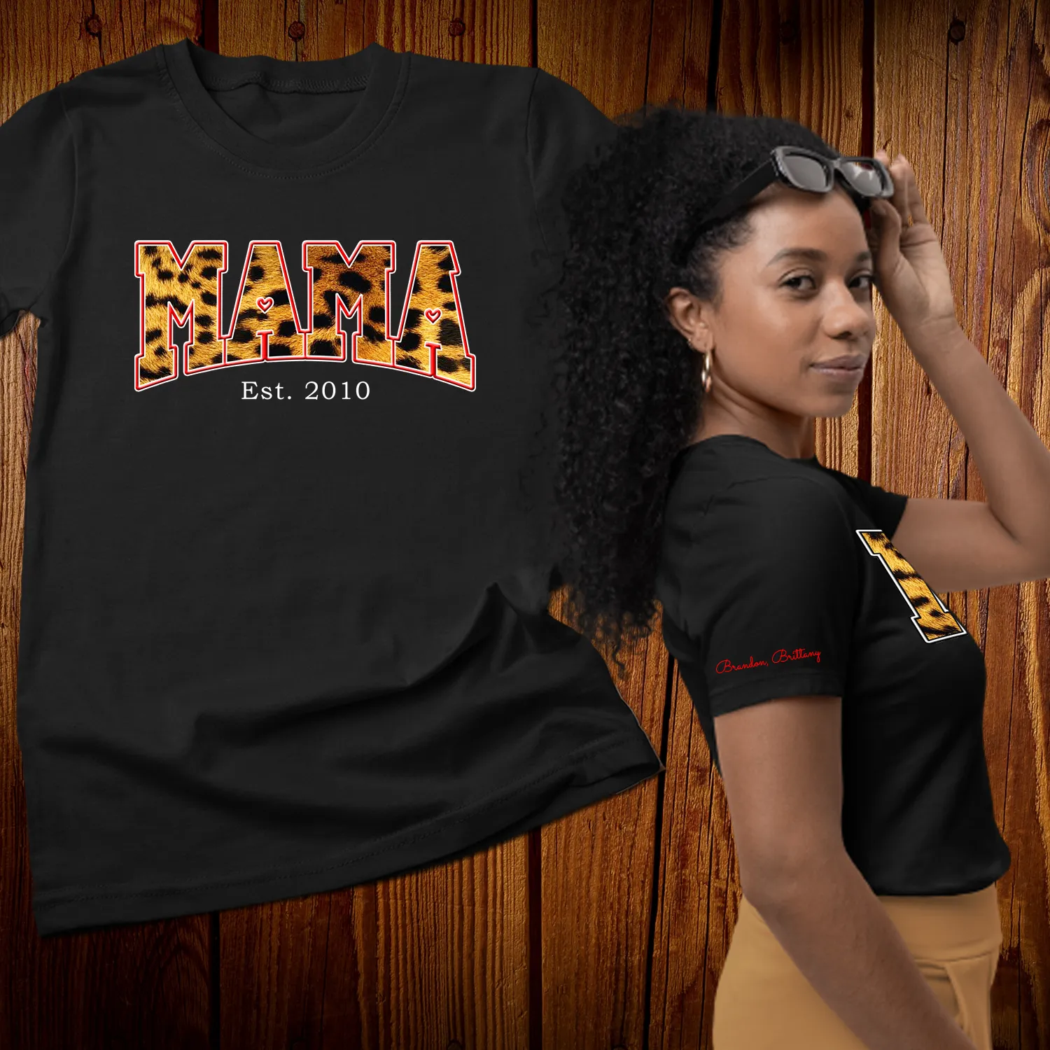 Personalized Mama Est cheetah print t shirt with Kid Names on Sleeve, Christmas Gifts, Birthday Gift for Mom, New Mom Gift, Mothers Day Gift