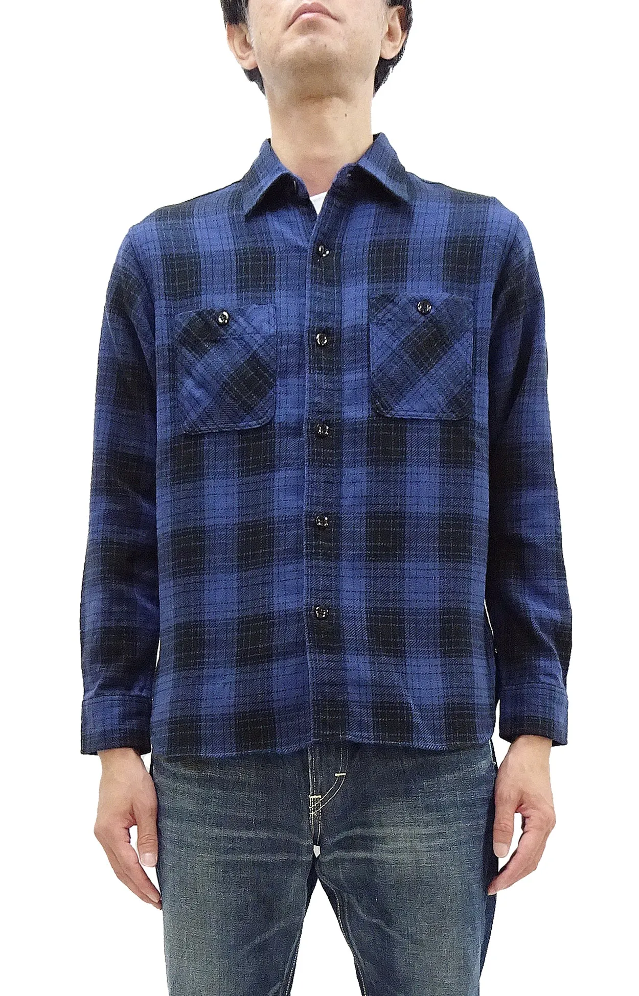 Sugar Cane Plaid Shirt Men's Mediumweight Cotton Twill Long Sleeve Button Up Work Shirt SC29358 128Navy-Blue