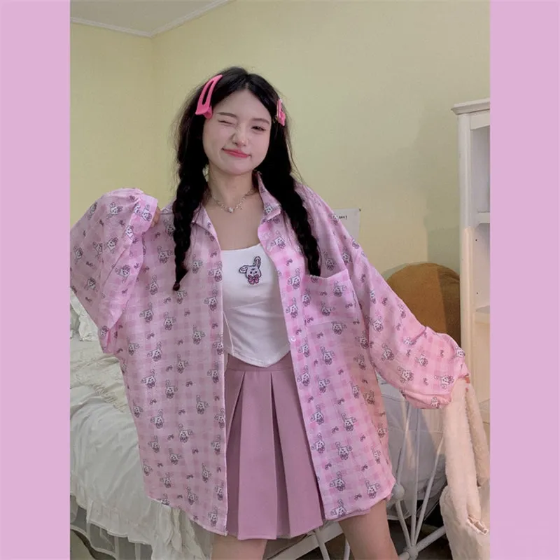 Sweet Japanese Pink Plaid Blouse