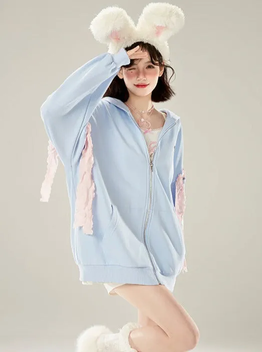 Sweet Pink Zip-Up Blue Hoodie Milk Ribbon