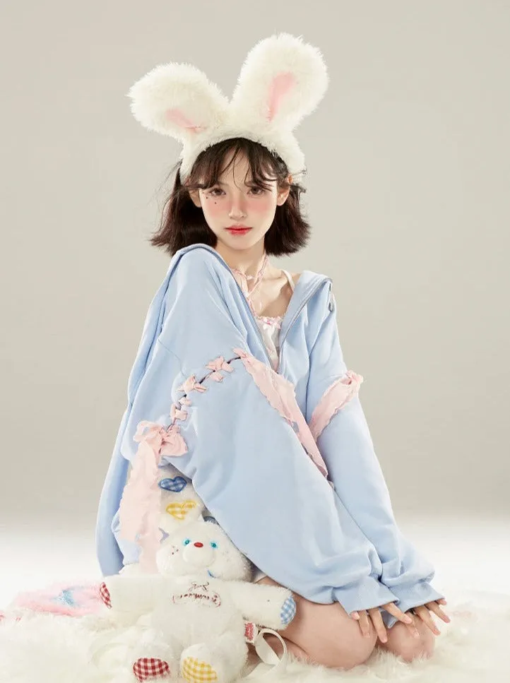 Sweet Pink Zip-Up Blue Hoodie Milk Ribbon