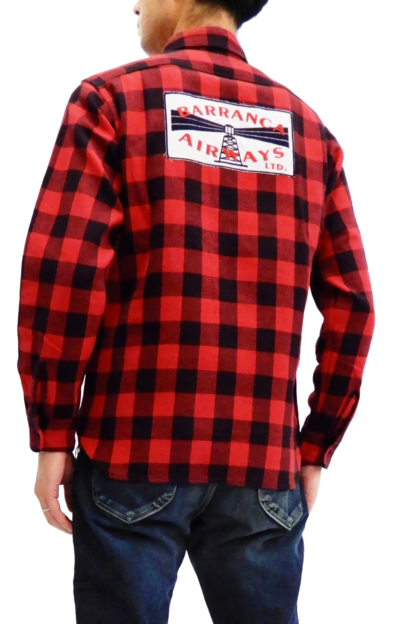 TOYS McCOY Men's Buffalo Check Plaid Shirt Patched Long Sleeve Button Up Shirt TMS1809 Red/Black