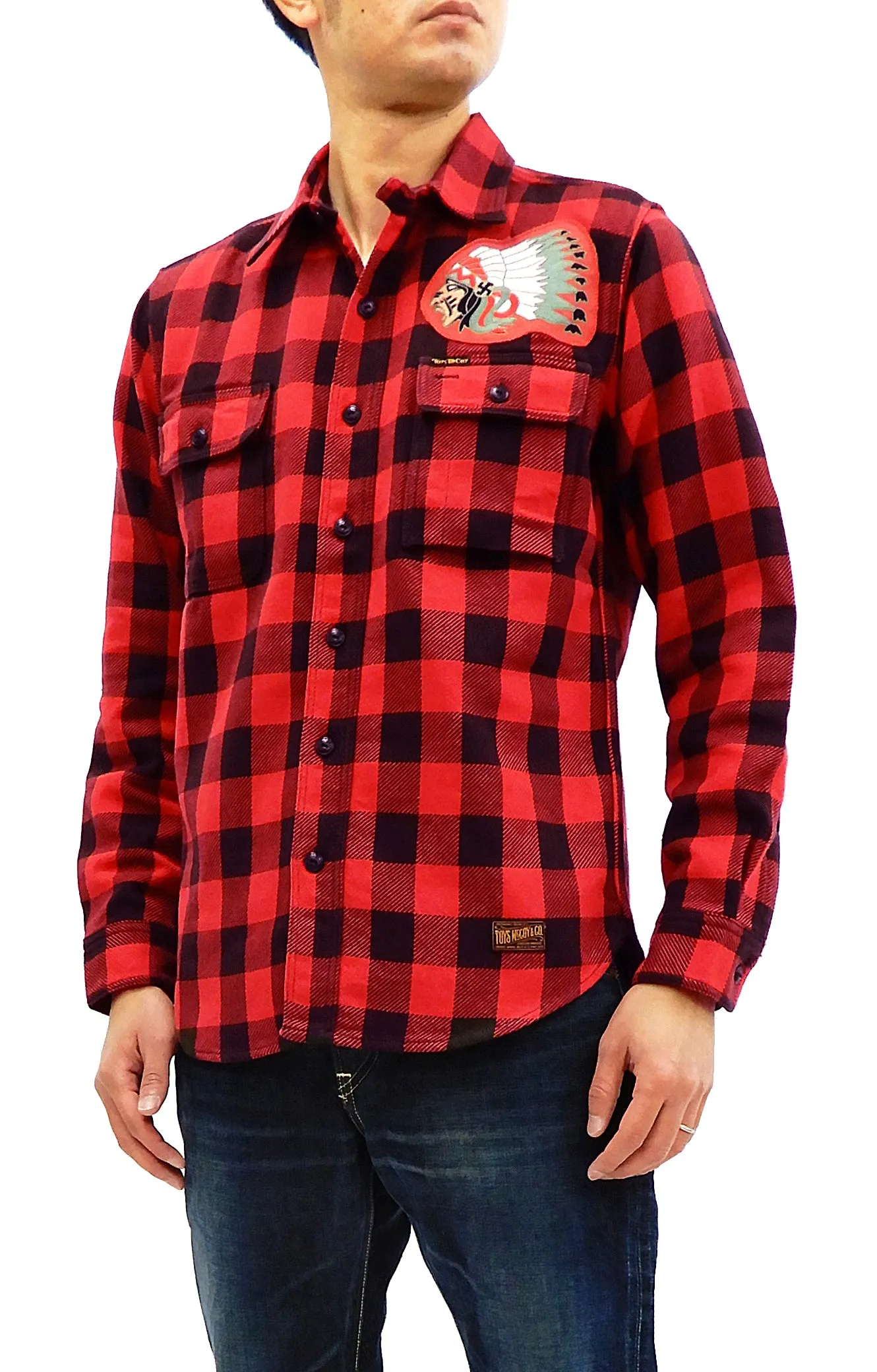 TOYS McCOY Men's Buffalo Check Plaid Shirt Patched Long Sleeve Button Up Shirt TMS1809 Red/Black