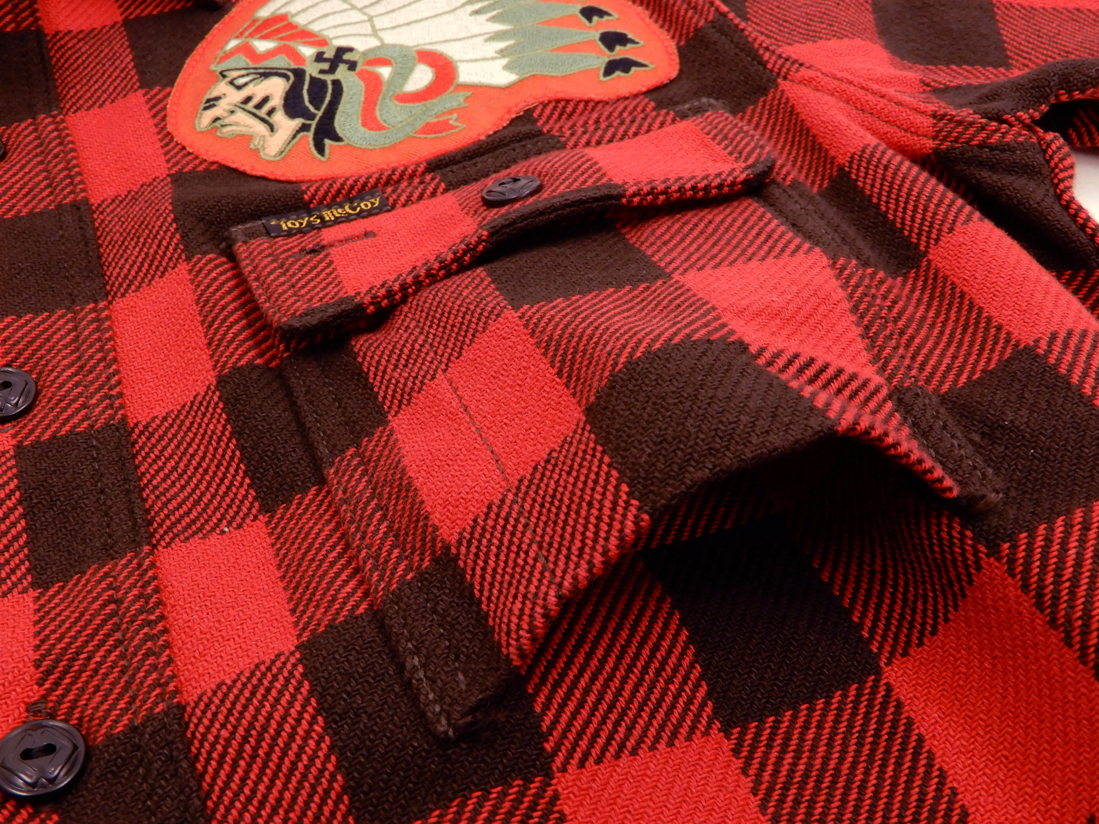 TOYS McCOY Men's Buffalo Check Plaid Shirt Patched Long Sleeve Button Up Shirt TMS1809 Red/Black
