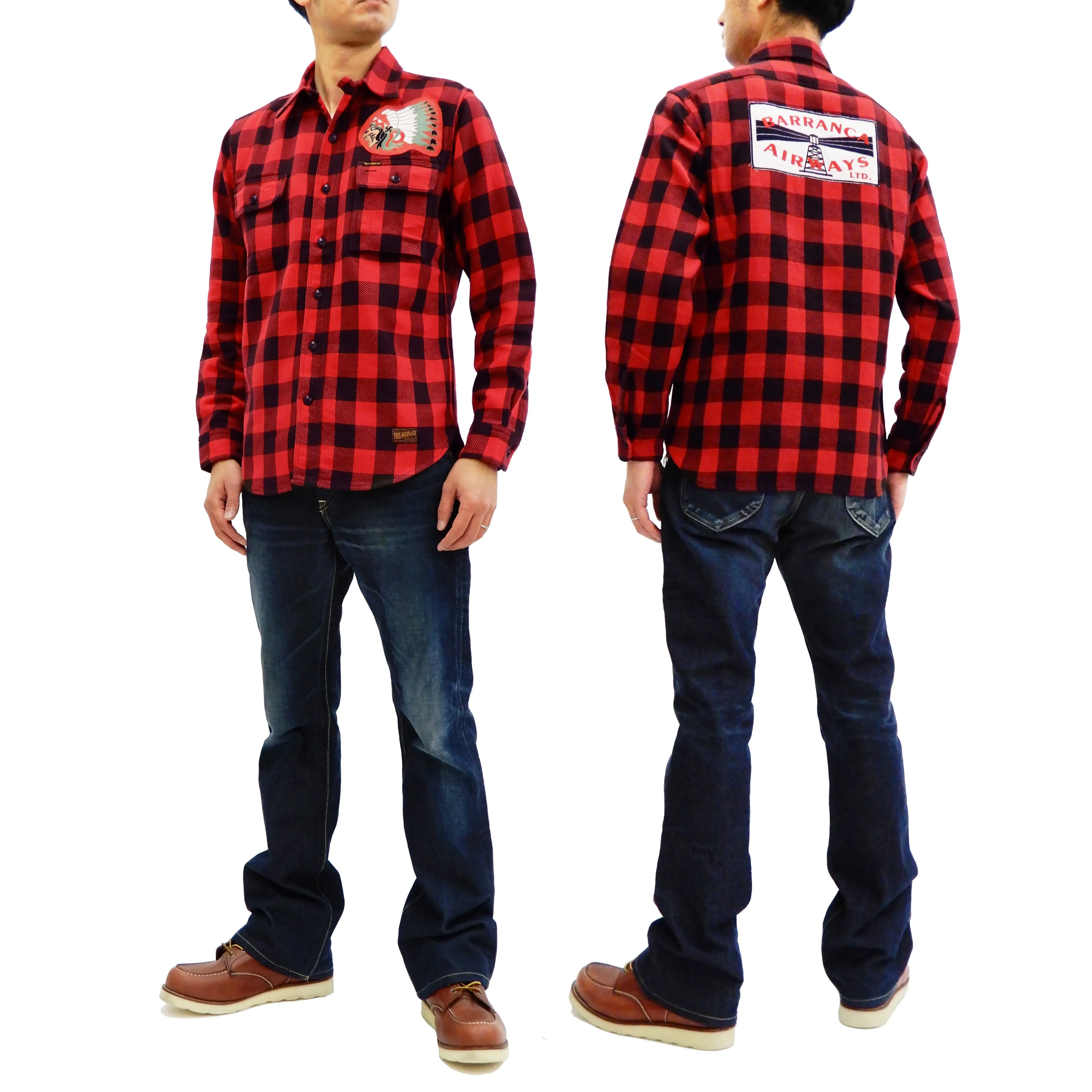 TOYS McCOY Men's Buffalo Check Plaid Shirt Patched Long Sleeve Button Up Shirt TMS1809 Red/Black