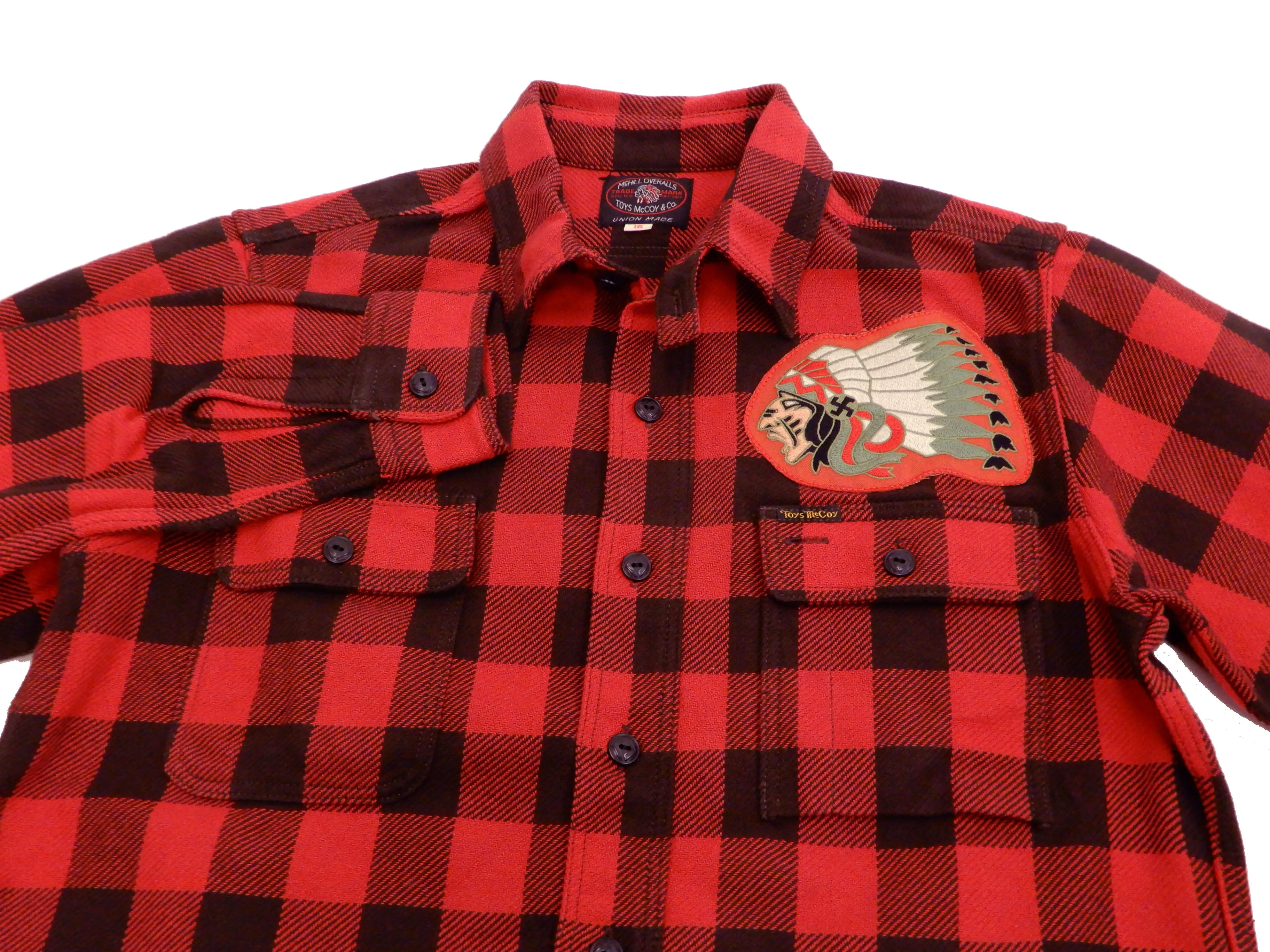 TOYS McCOY Men's Buffalo Check Plaid Shirt Patched Long Sleeve Button Up Shirt TMS1809 Red/Black
