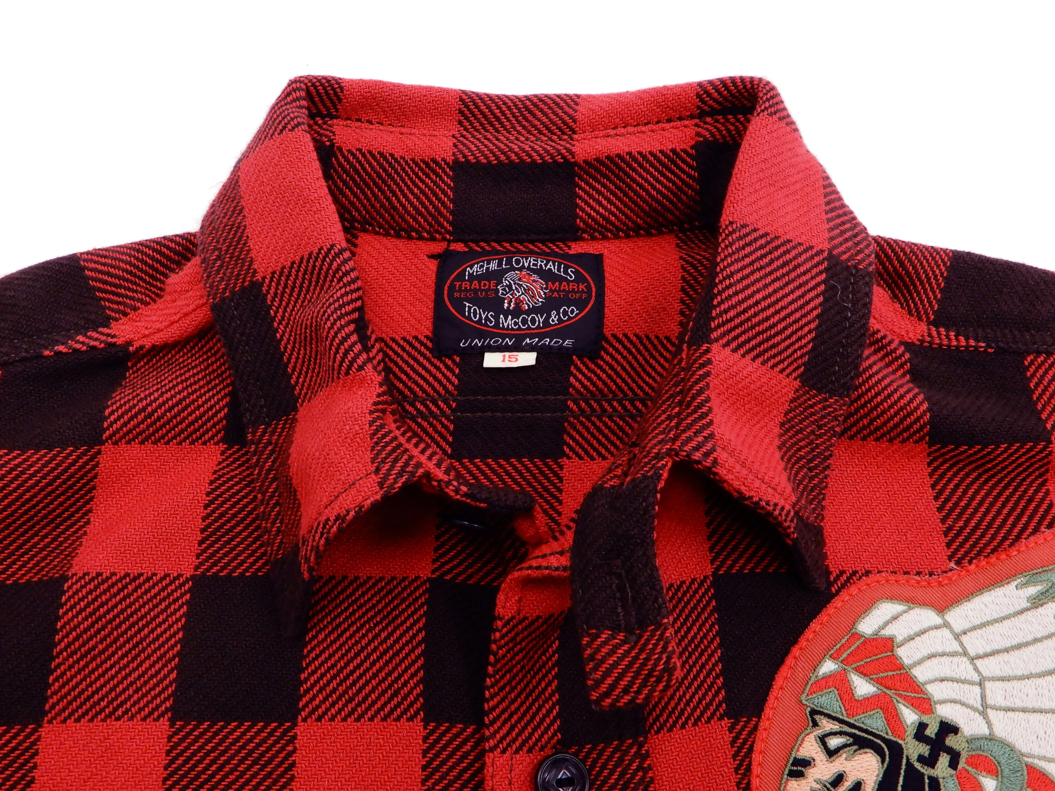 TOYS McCOY Men's Buffalo Check Plaid Shirt Patched Long Sleeve Button Up Shirt TMS1809 Red/Black