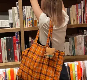 Uakiss Vintage Contrast Color Plaid Underarm Bag High-capacity Grunge Streetwear Shoulder Handbags Fashion Simple Y2k Canvas Tote Bags