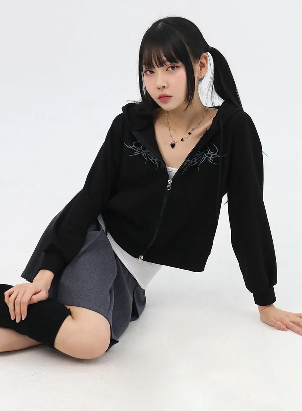 Zip-Up Graphic Crop Hoodie IN314