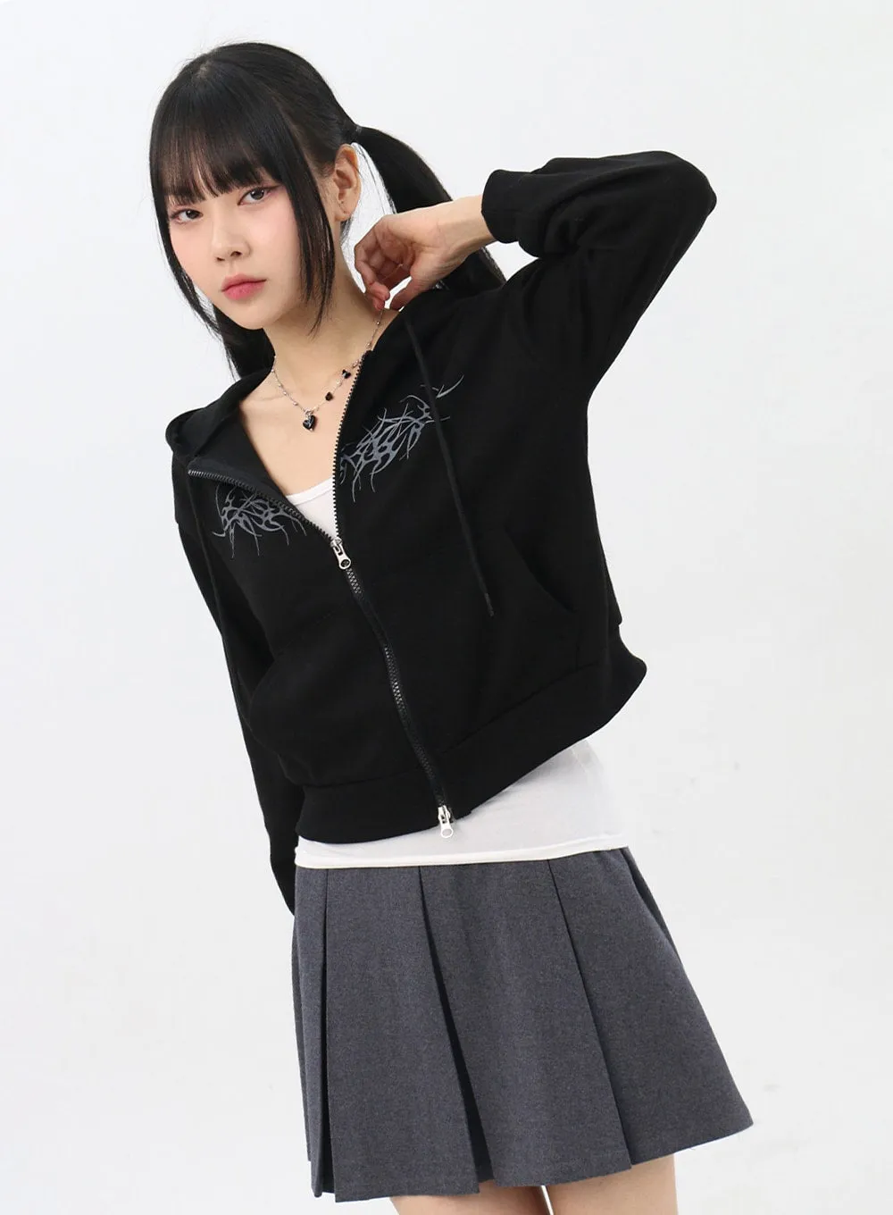Zip-Up Graphic Crop Hoodie IN314